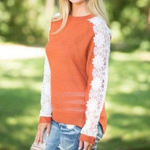 Rust Sweater with Lace Sleeves